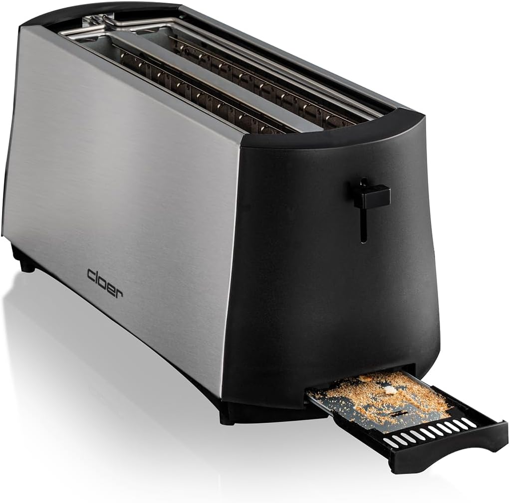 Langschlitztoaster für 4 Scheiben mit Brötchenaufsatz, Edelstahlgehäuse 4 Scheiben Langschlitz Single