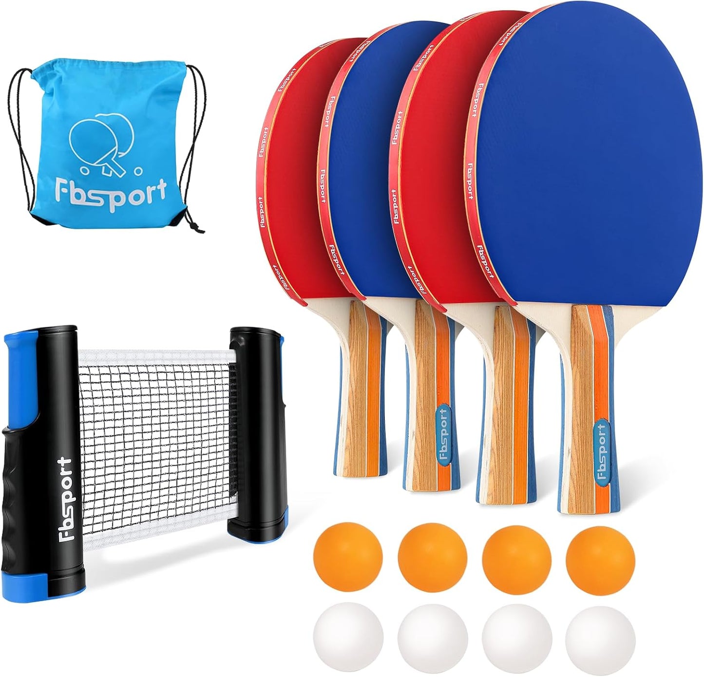 Tischtennis Set mit 4 Schläger & Netz, Rot + Blau