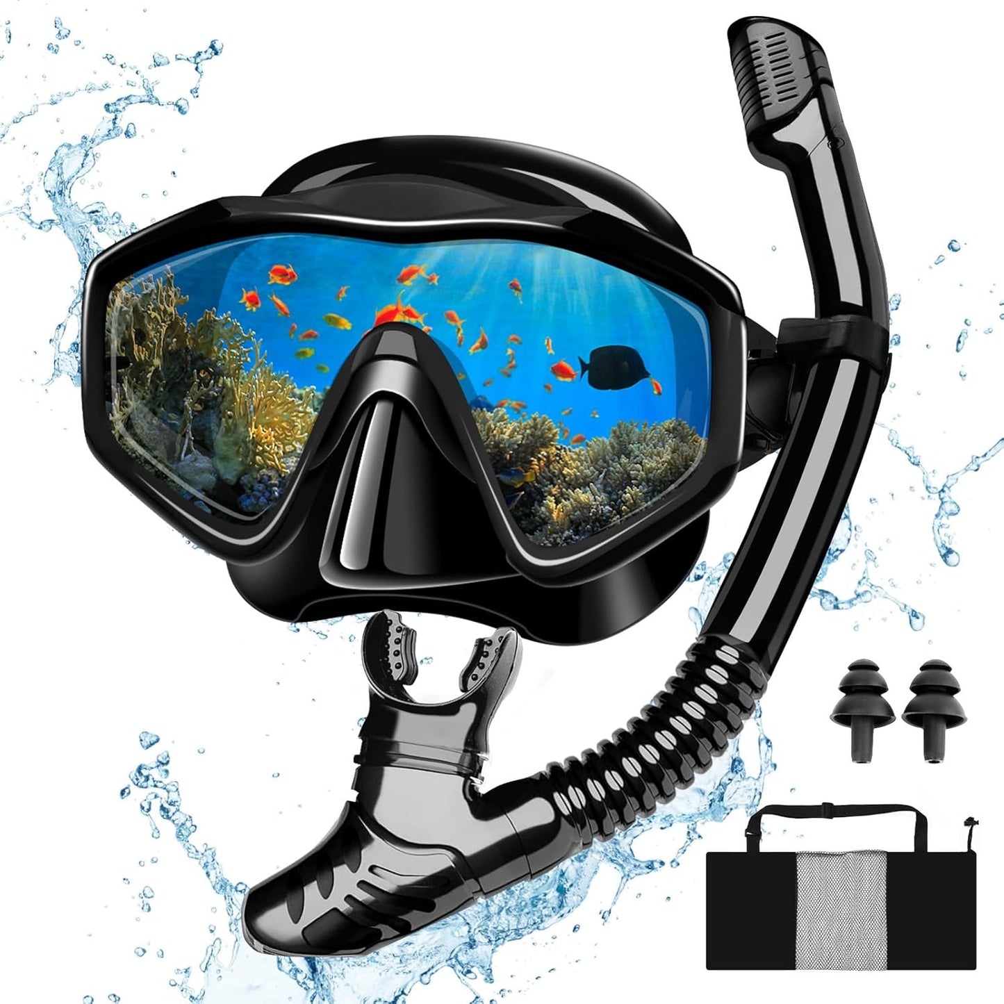 Schnorchelset mit Taucherbrille und Trockenschnorchel, Schwarz