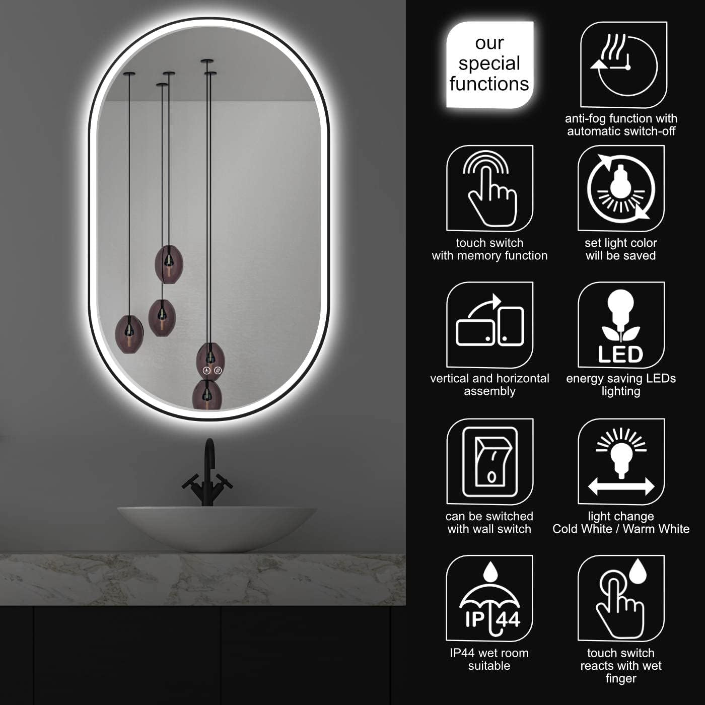 LED Badezimmerspiegel Oval mit Antibeschlag, Schwarz 3_beschlagfrei ; Oval 45x75cm Beschlagfrei