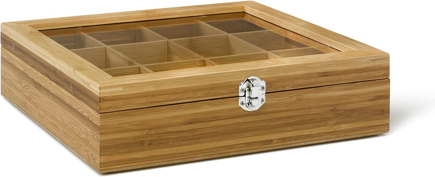 Teebeutelbox, Wooden Tea Box 12 Compartments Window