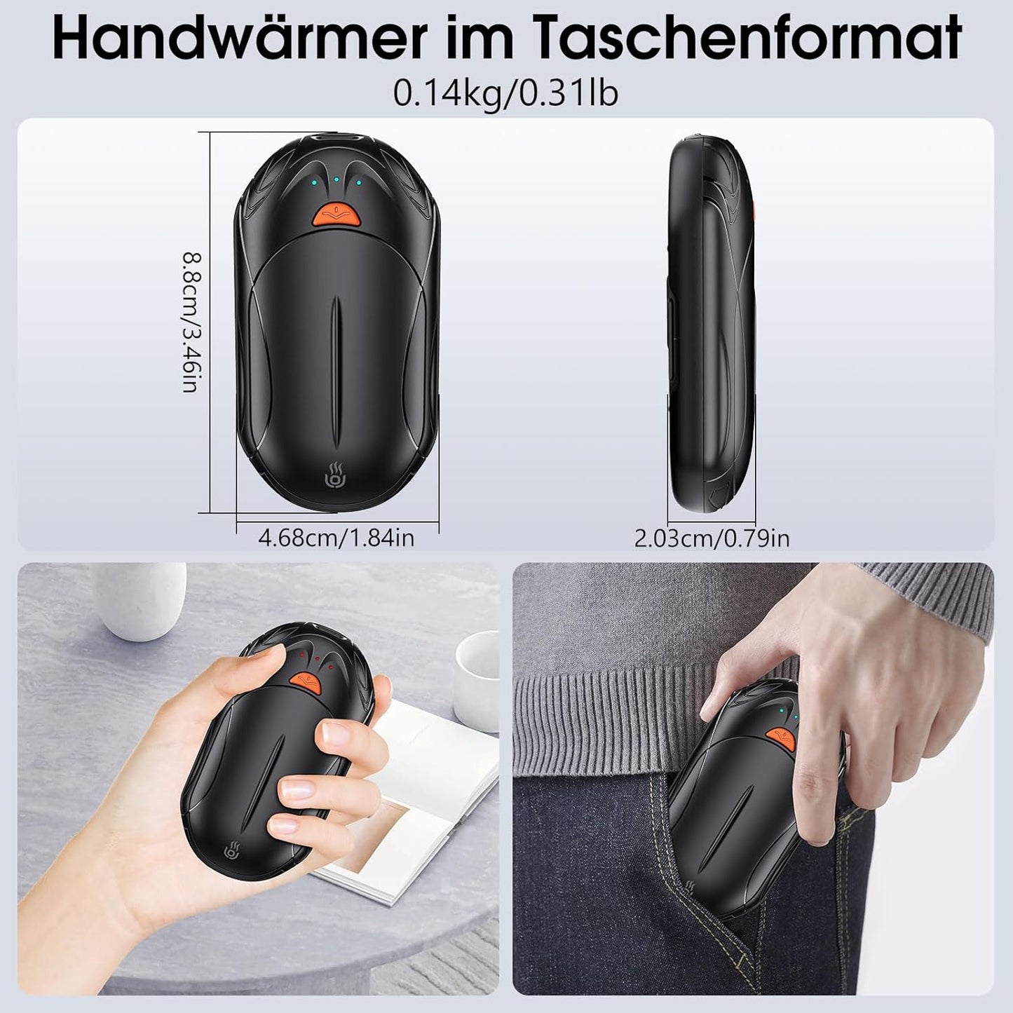 2er-Pack Taschenwärmer, wiederaufladbar, 1-Dunkles Schwarz