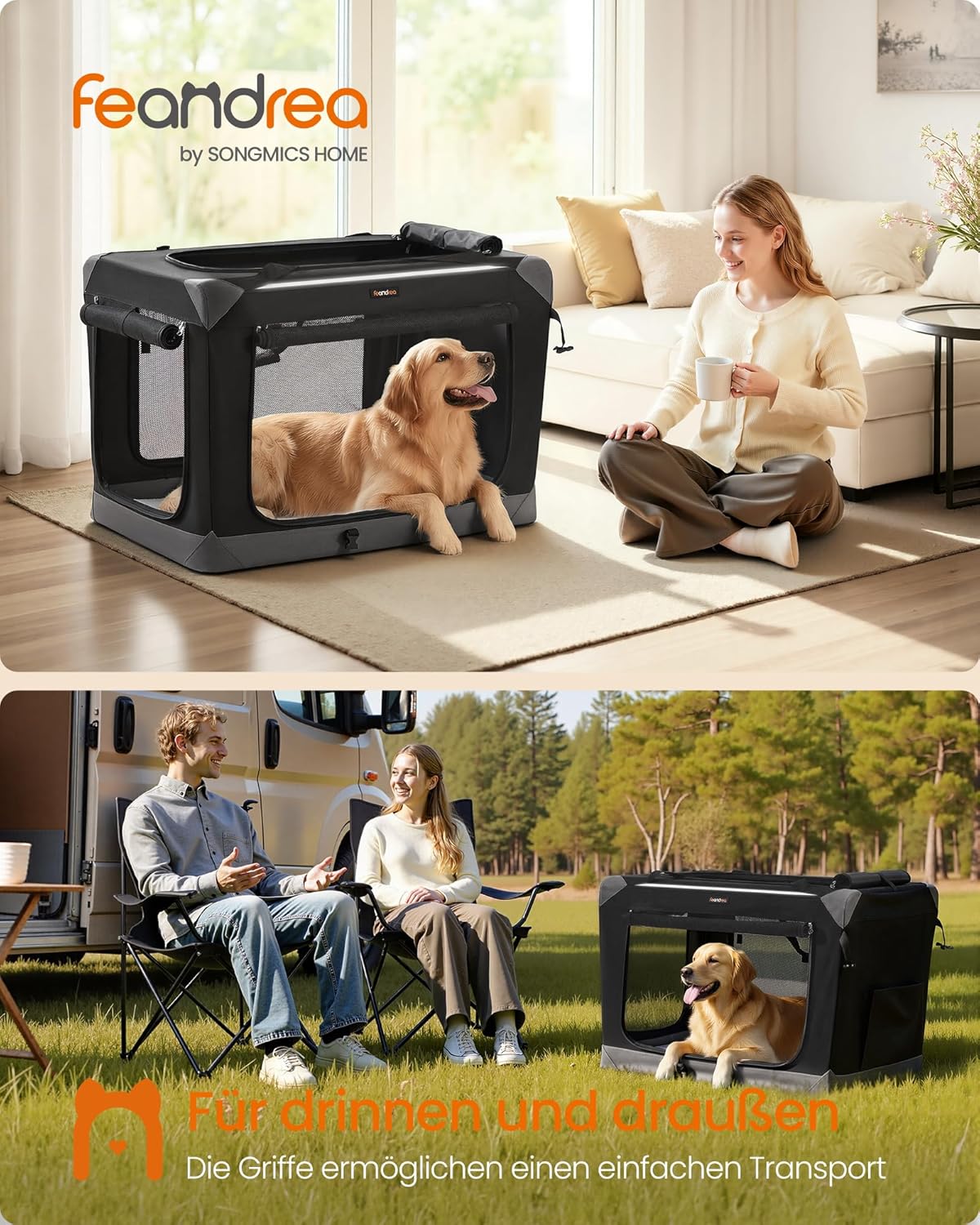 Faltbare Hundetransportbox mit Netzstoff-Türen, L 91 x B 64 x H 64 cm