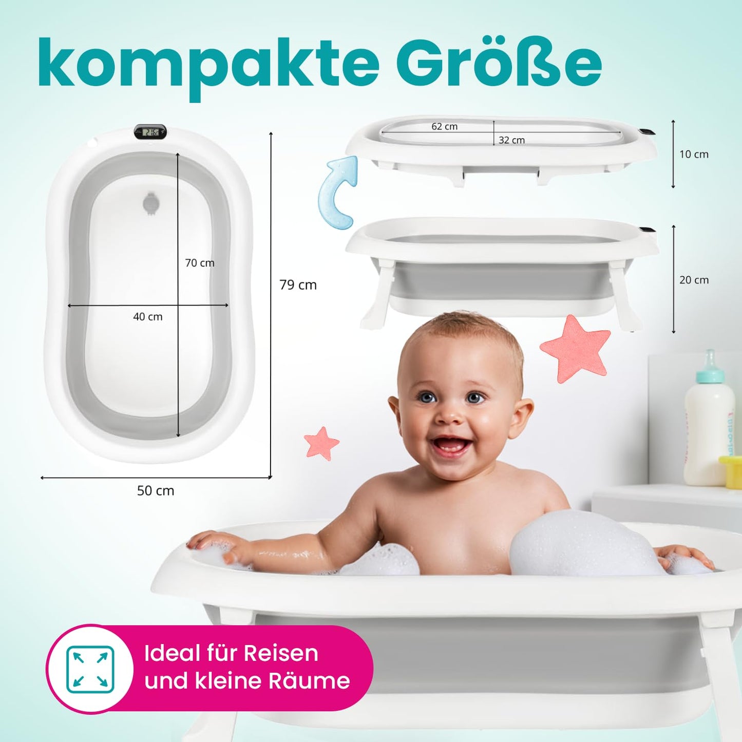 Premium folding bathtub, Premium Grau (Badekissen, Thermometer) Faltbare Babybadewanne