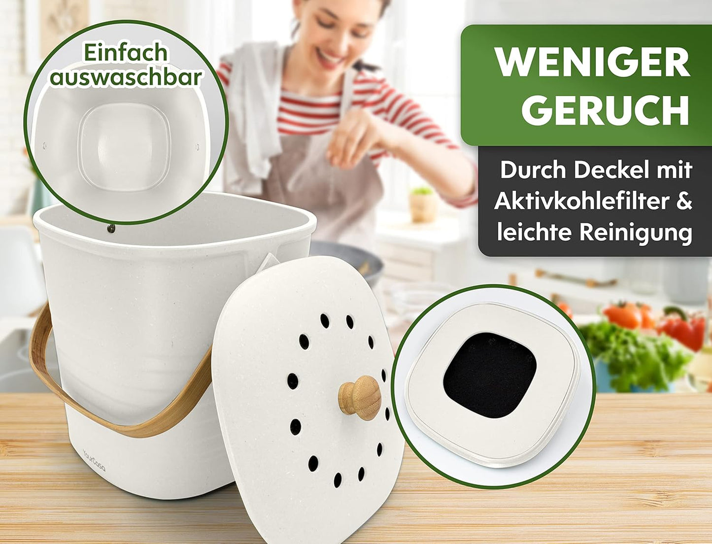 Komposteimer mit Aktivkohlefilter, 4L Weiss