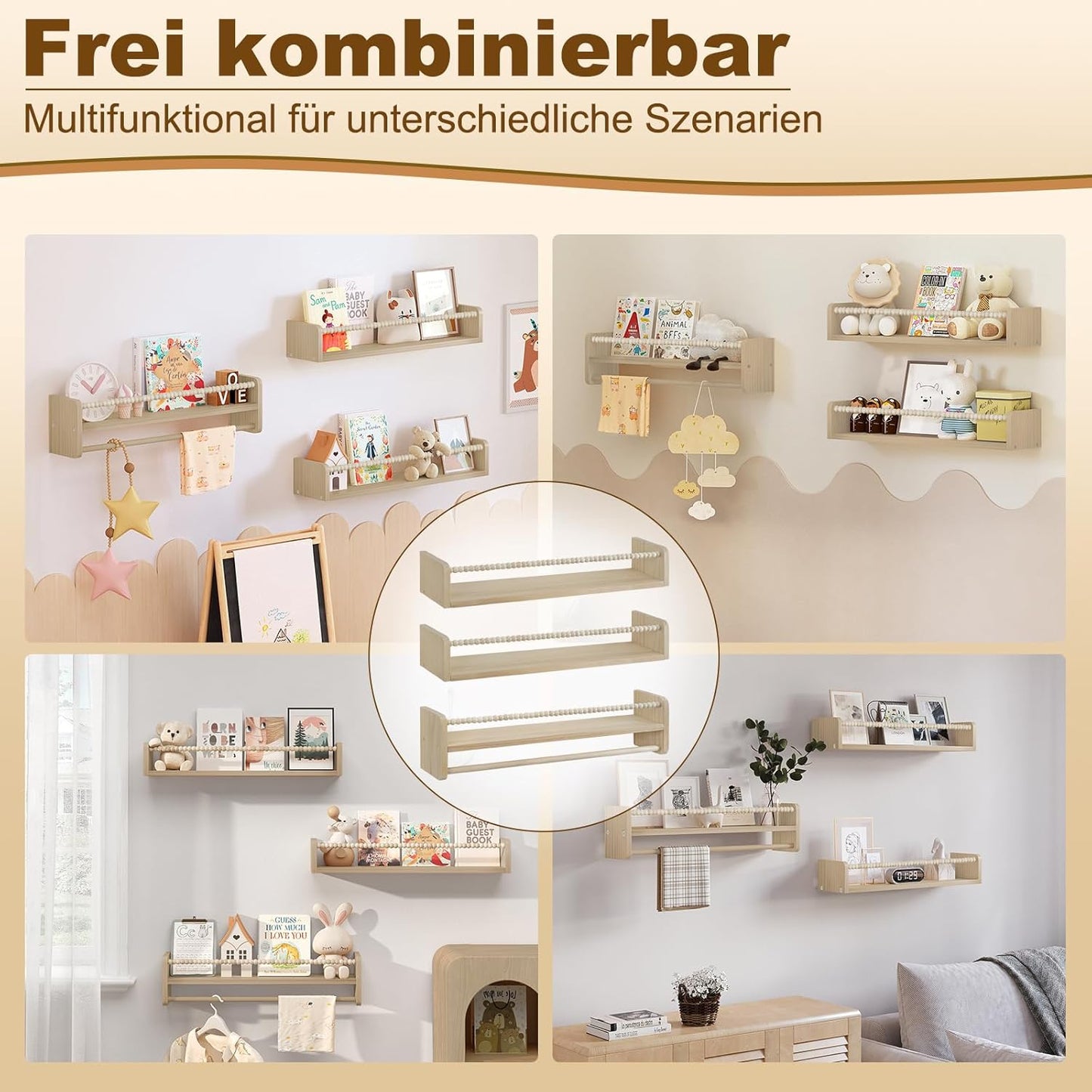 Kinder Bücherregal Wand 3er-Set aus Massivholz, 60 x 15 x 14 cm Naturholzfarbe
