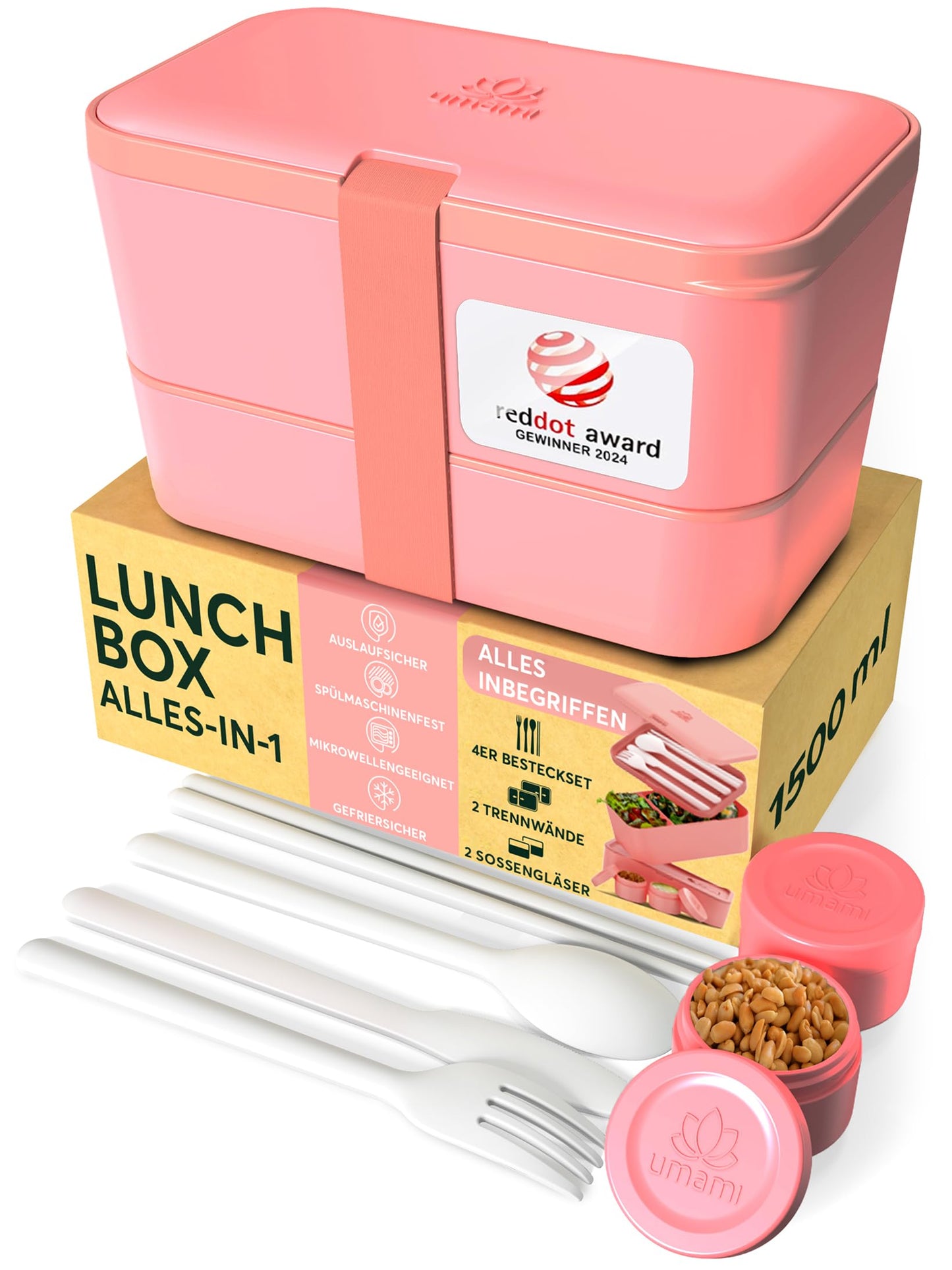 Auslaufsichere Bento Lunchbox mit Besteck & Fächern, Korallenrosa L - 1500 ml