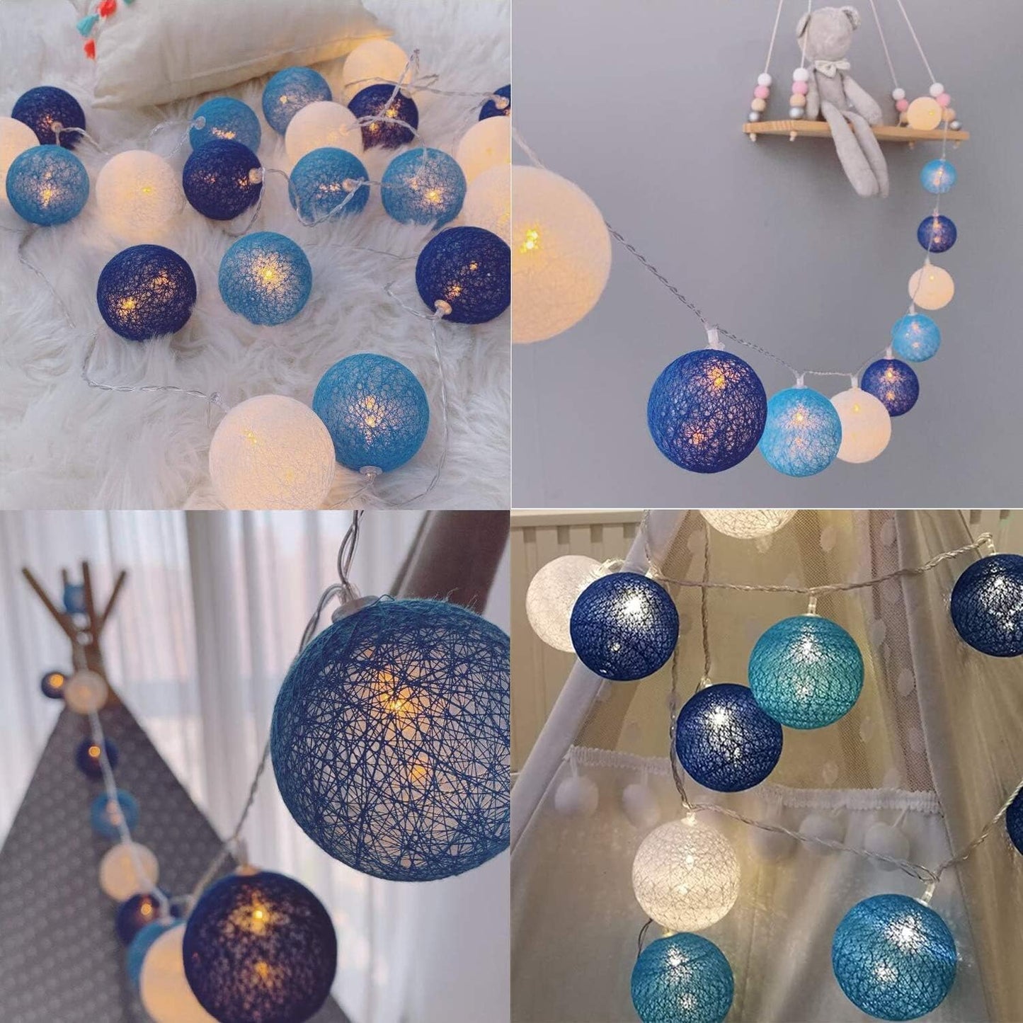 Lichterkette mit Baumwollkugeln, Blau Batterie