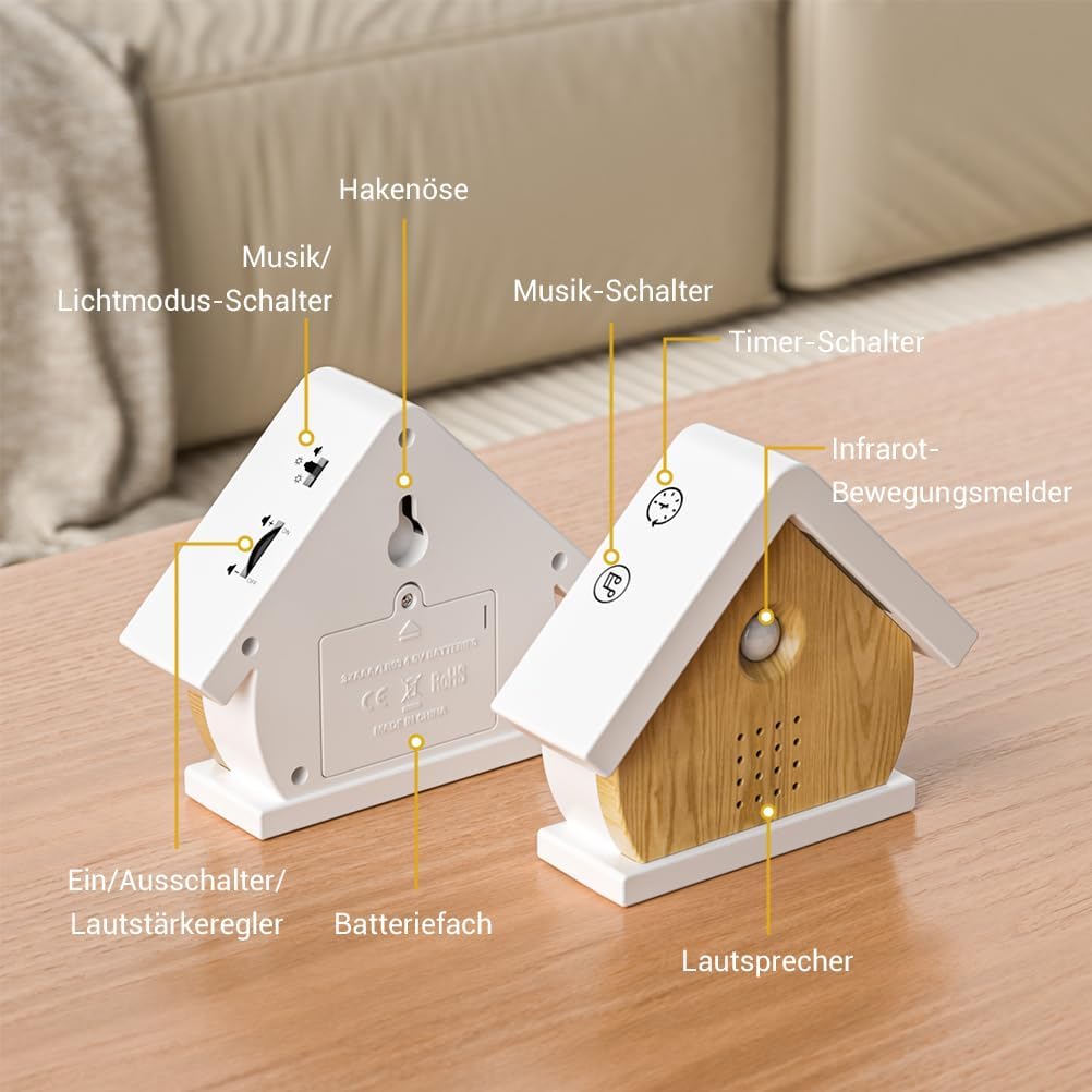 Vogelgezwitscher Box mit Bewegungssensor und Timerfunktion, Hausdesign (Naturholzfarbe)