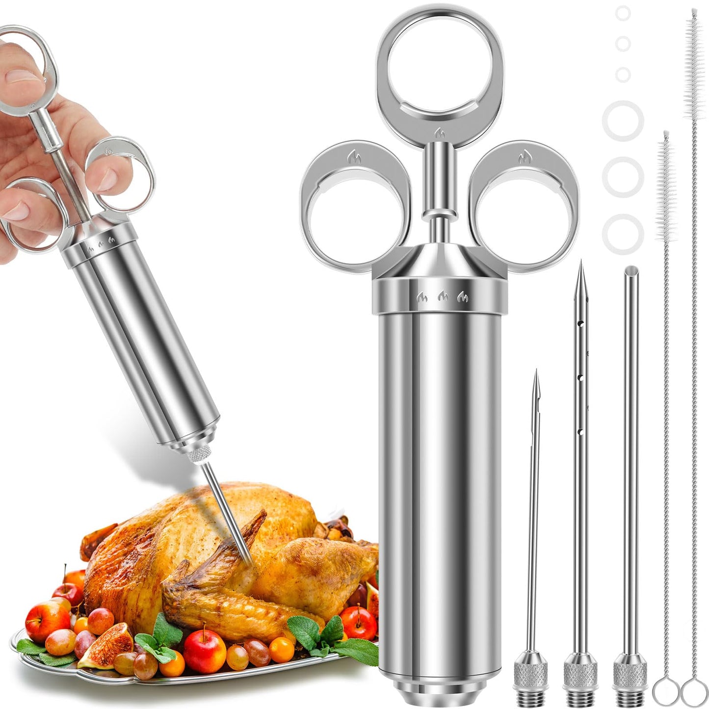 Bratenspritzen Set mit 3 Nadeln und 2 Reinigungsbürsten