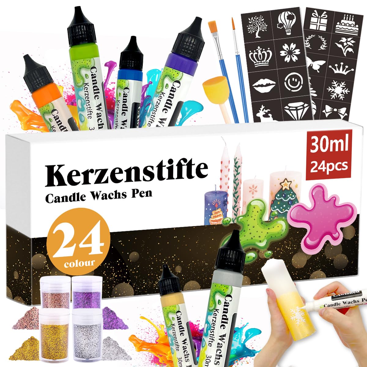 24-teiliges Kerzenstifte Set mit Glitzer, 24 Farben