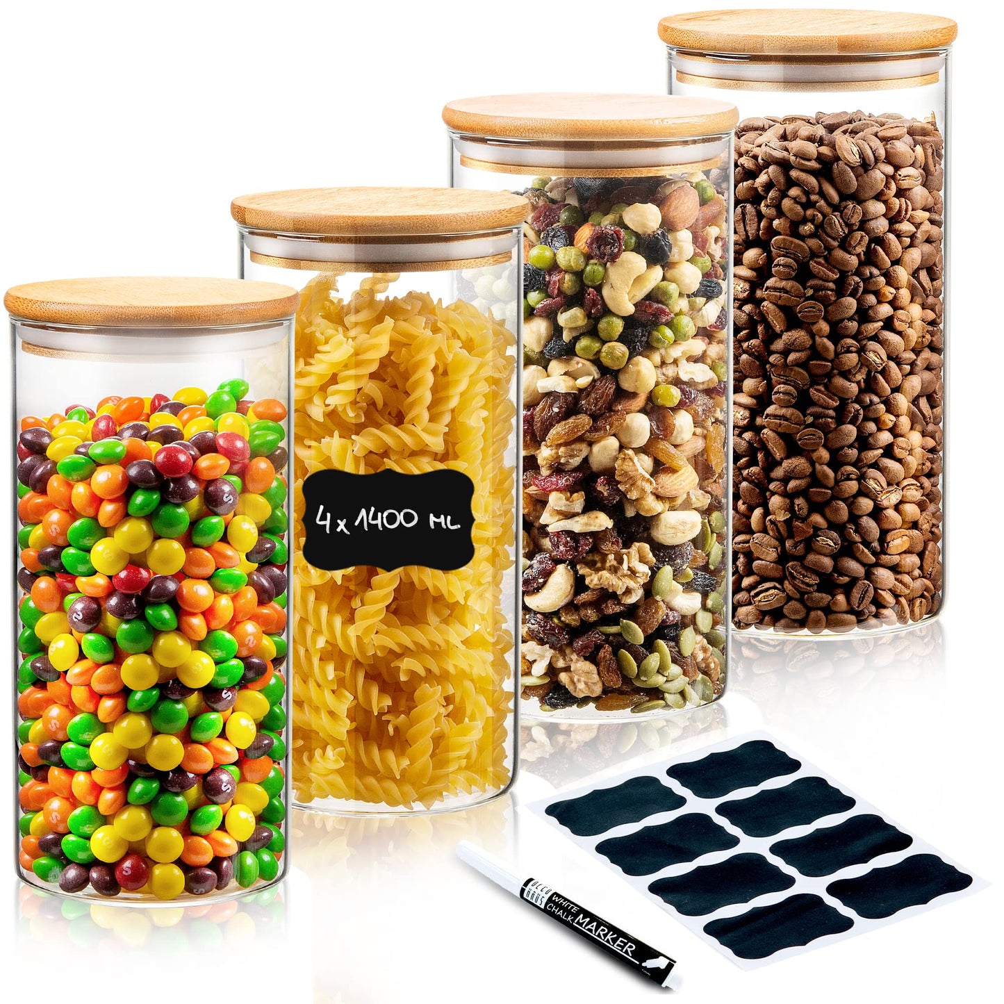 Vorratsgläser-Set mit Deckel, 4er Set 1400ml, Rund, 1 Grösse