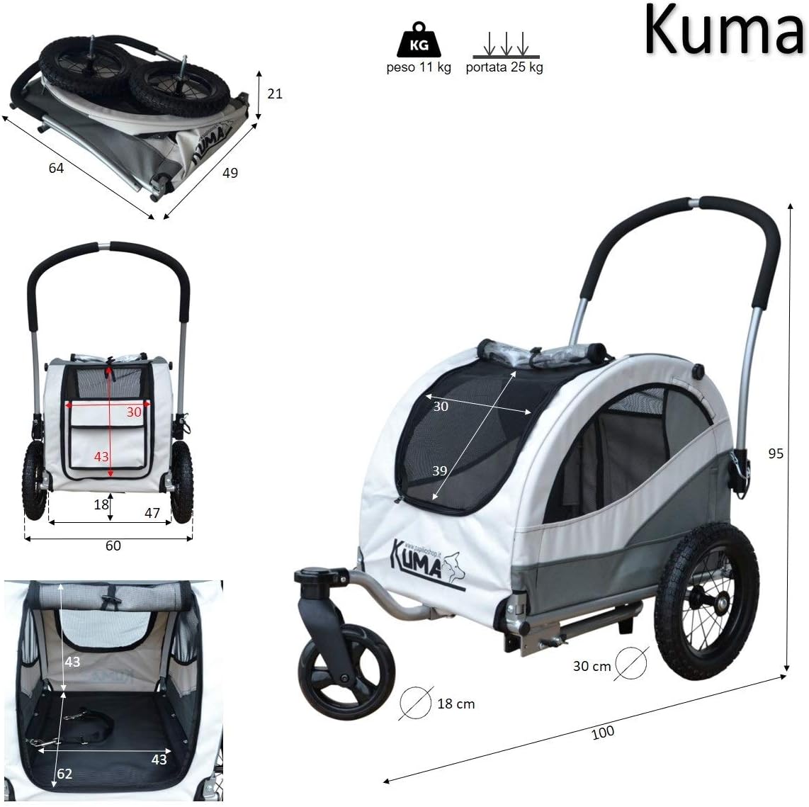 2-in-1 Hundebuggy & Fahrradanhänger Kuma, Grau