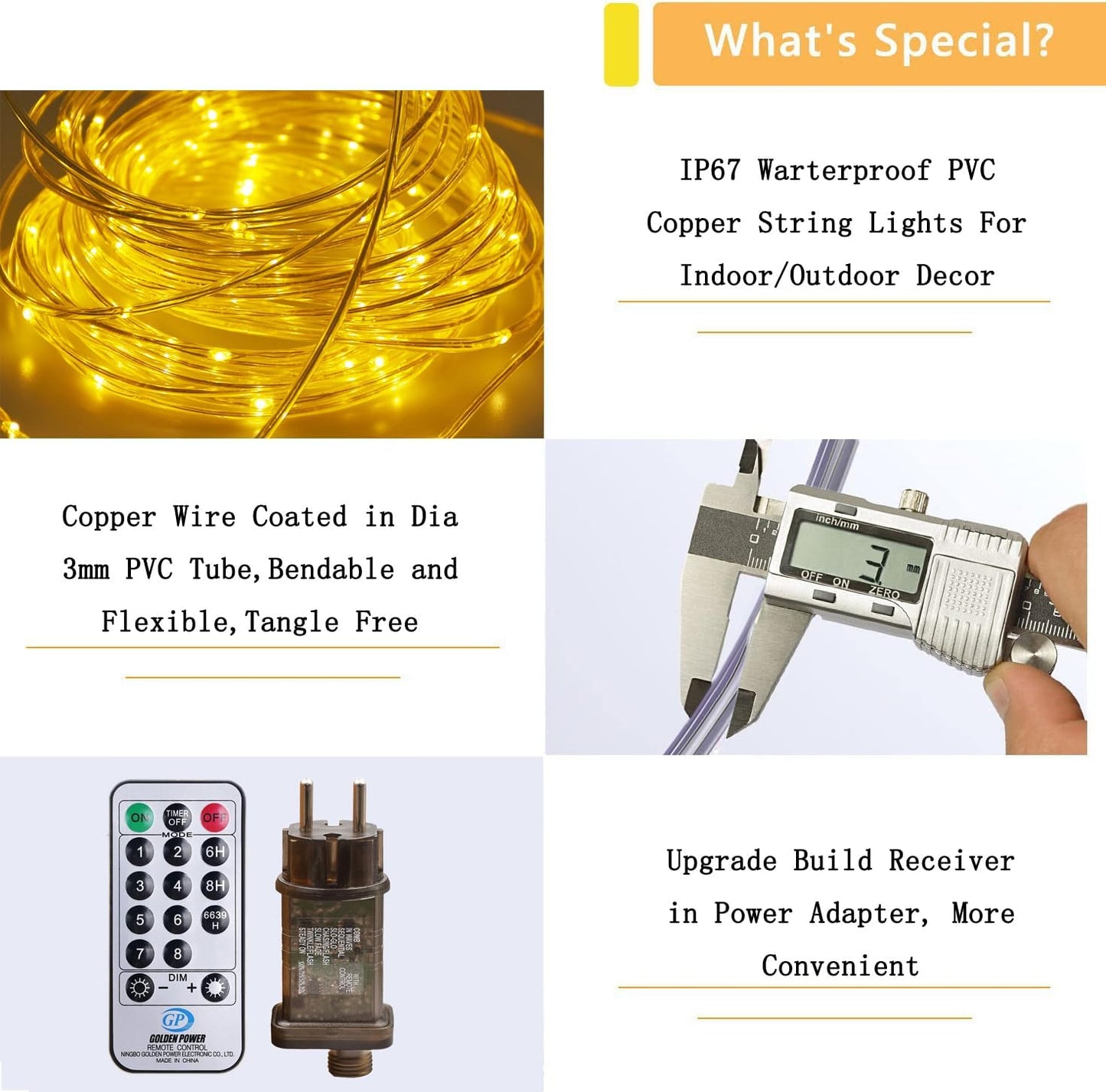 Lichterschlauch mit Fernbedienung & Timer, Warmweiß 10M 100LEDs Stecker