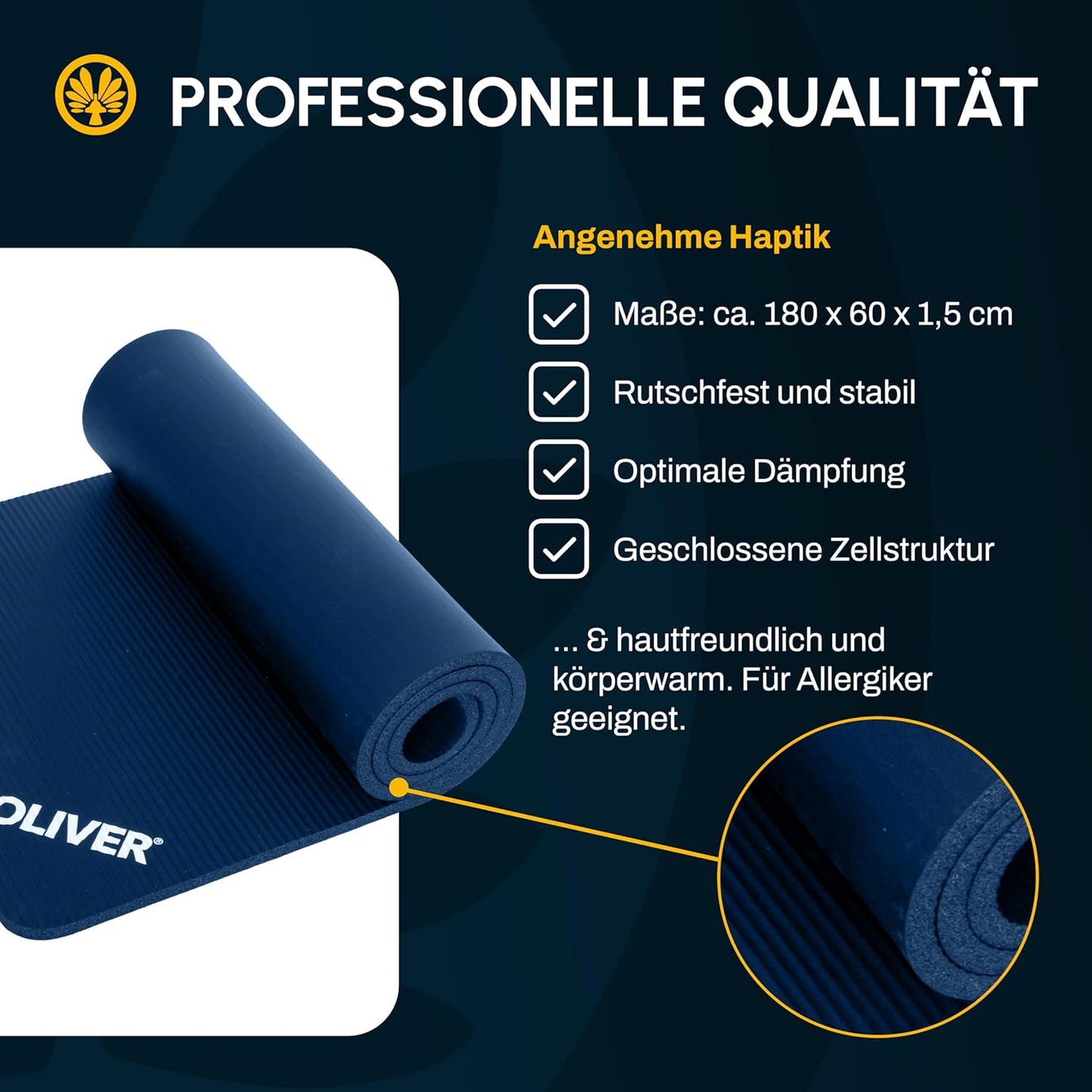 Gymnastik- & Yogamatte mit Ösen, 180 x 60 x 1,5 cm (Mit Ösen) Blau