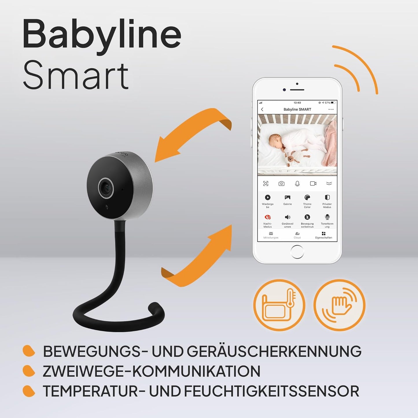Care Babyline Smart mit Kamera, Nachtsicht, Bewegungs- und Geräuscherkennung, Schwarz