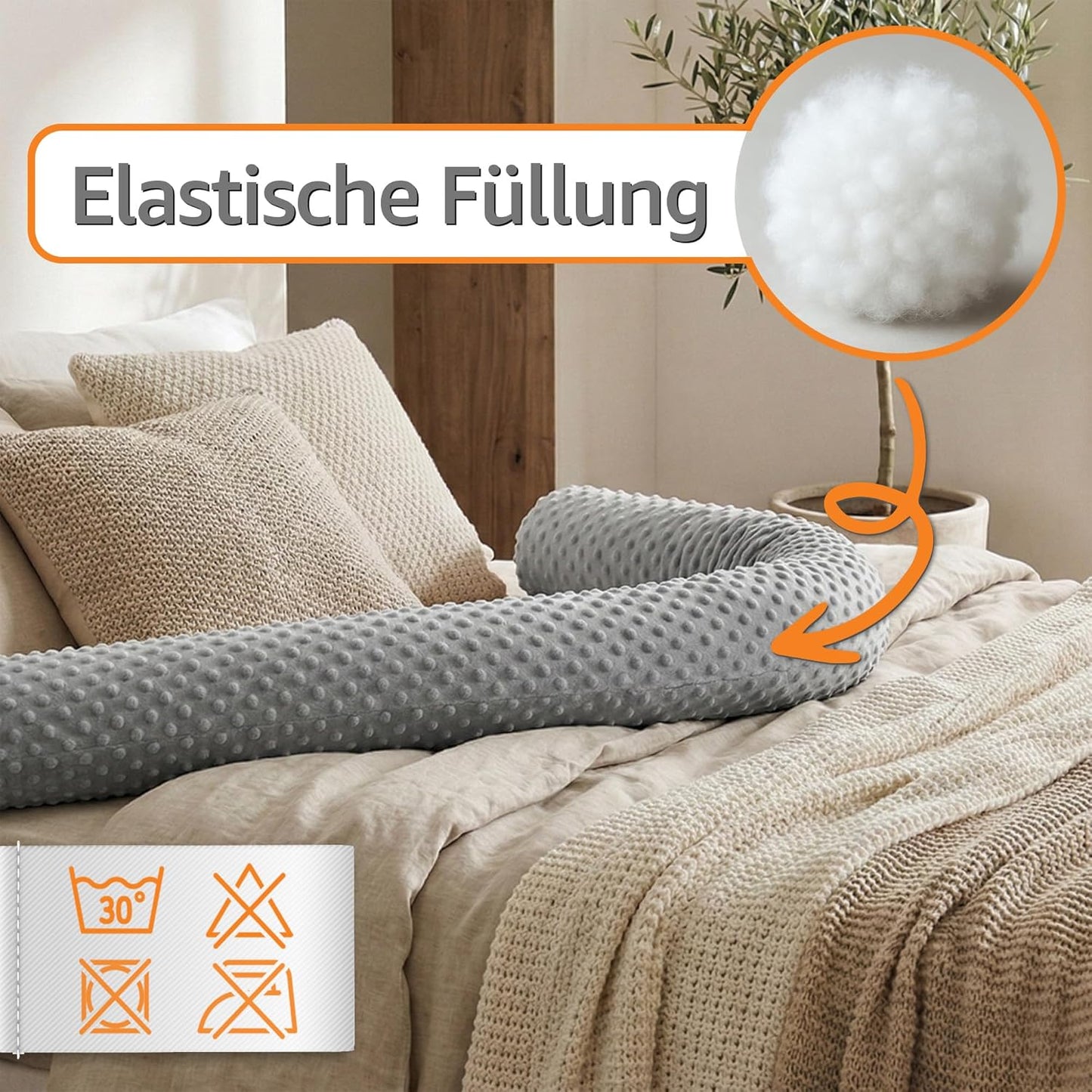 Bettschlange mit waschbarem Bezug, Hellgrau 150 cm
