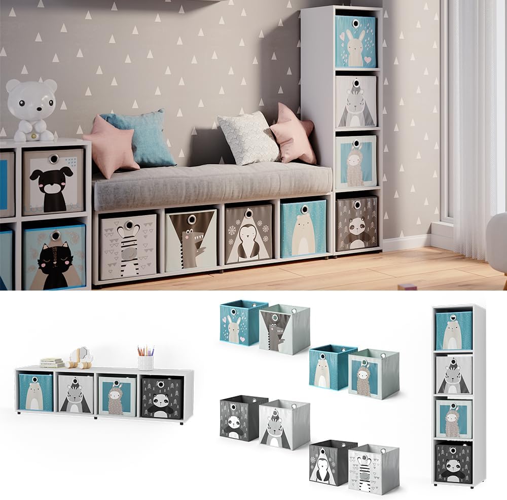 Kinderregal Ludus mit 4 Faltboxen, Weiss Standregal + 4 Faltboxen