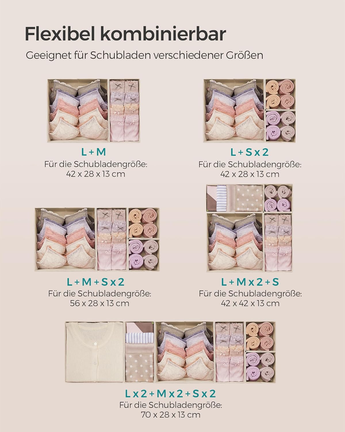 12-teiliges Schubladen Organizer Set, 12er Set Sandbeige