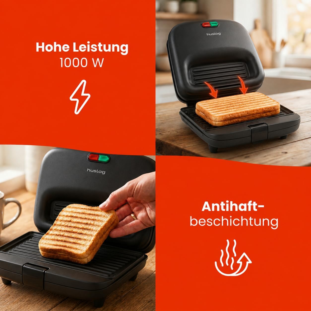 Sandwich maker grill 1000W, Schwarz 24,9 x 24,2 x 10,6 cm