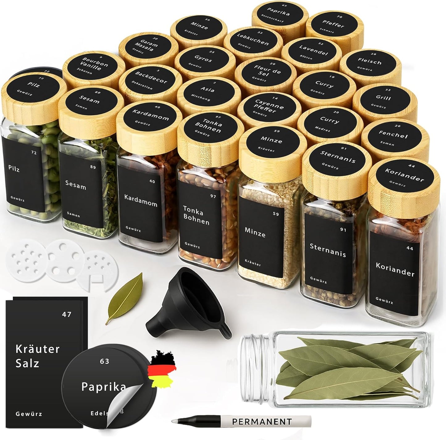 Gewürzgläser Set mit Bambusdeckeln, Natur