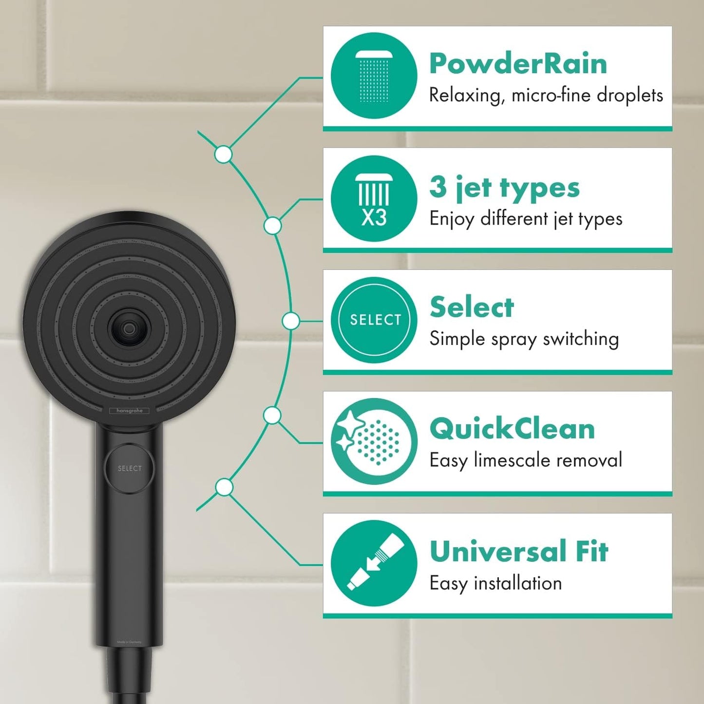 Pulsify Select S 105 Relaxation, Mattschwarz 3 Strahlarten mit PowderRain und Massagestrahl