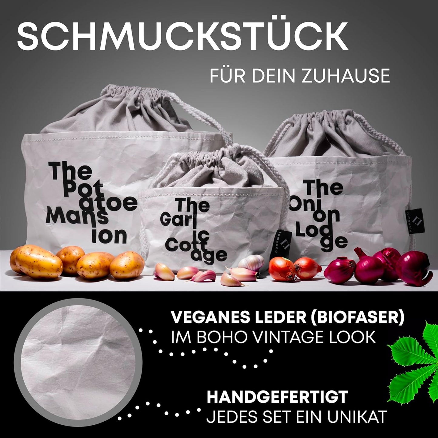 3er-Set Boho Säckchen zur Aufbewahrung von Kartoffeln, Zwiebeln & Knoblauch, Miami Weiss