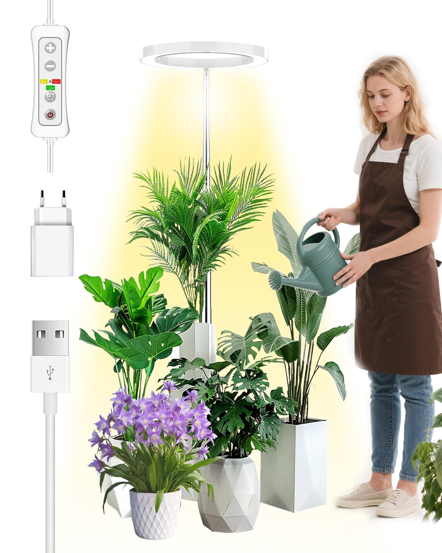 Vollspektrum LED Pflanzenlampe mit Timer & Höhenverstellung, Weiß 1 PCS
