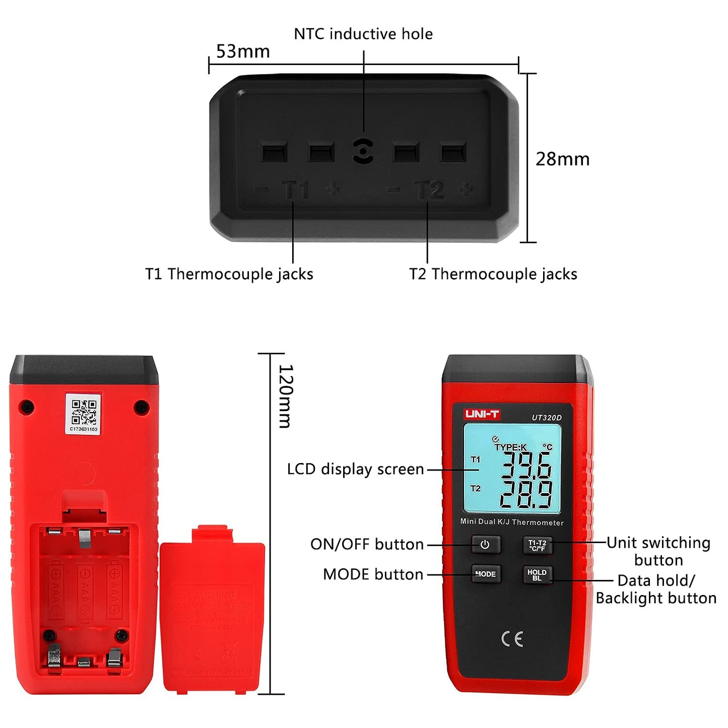 Digitales Thermometer UT320D mit 2 K-Sonden