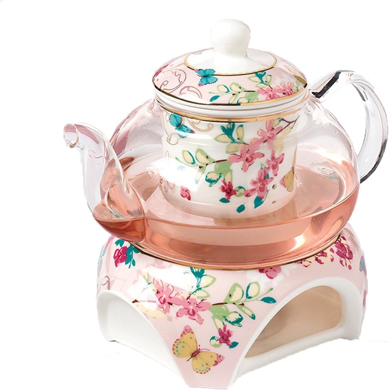 Teekanne mit Stövchen und Teesieb, Rosa