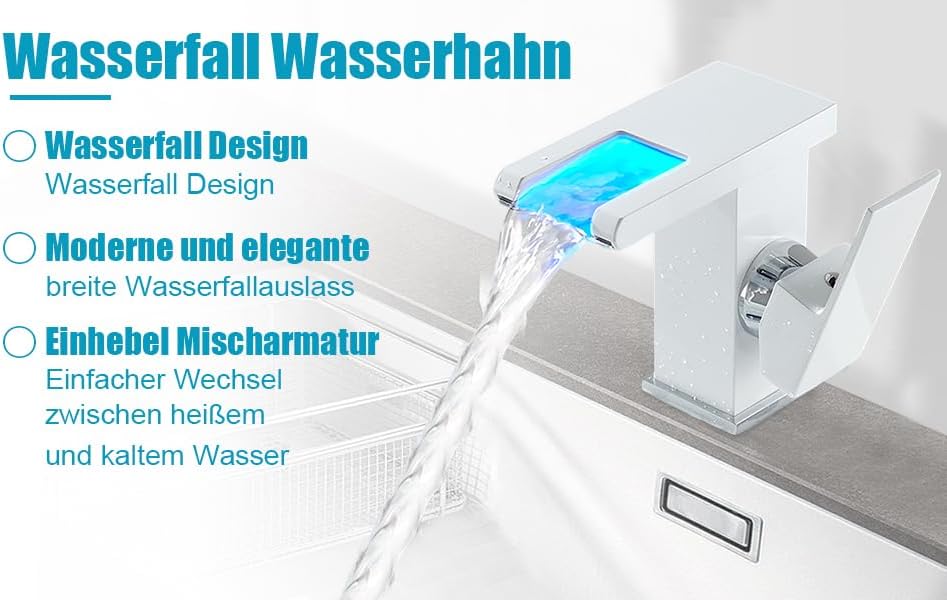 Badarmatur Wasserfall mit Kalt-/Warmwasserfunktion, Weiss