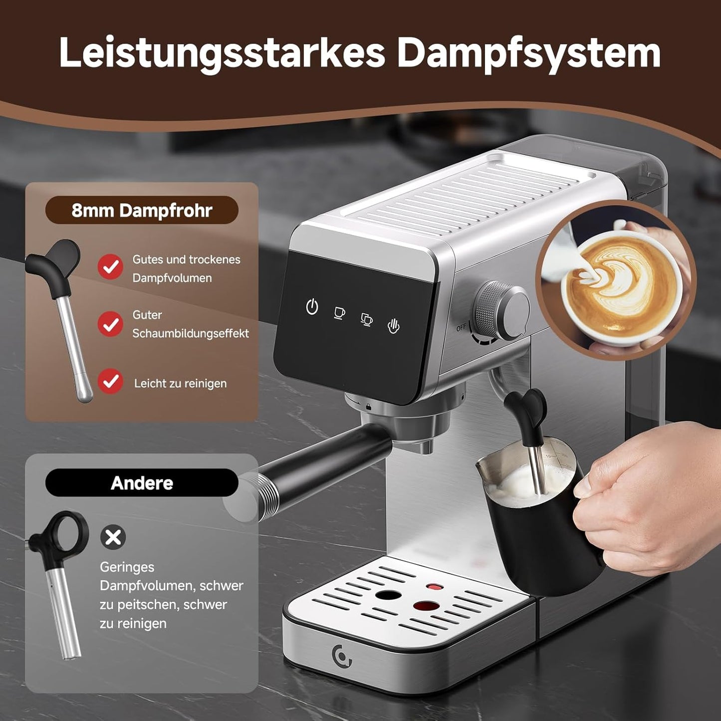 Siebträgermaschine mit LED-Anzeige (2-in-1), Silbrig