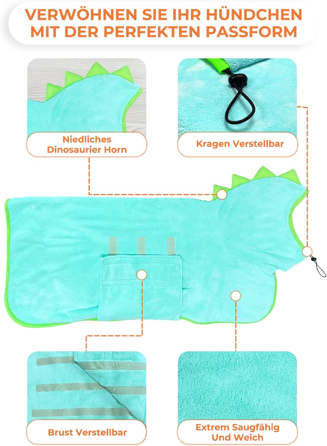 Dino Hundebademantel, schnell trocknend, M Blau