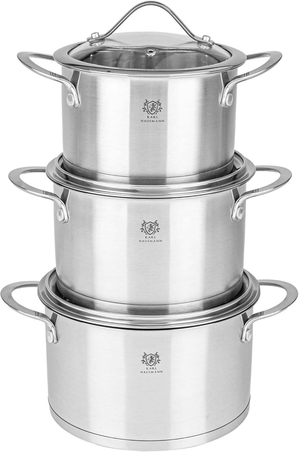 3-teiliges Induktions-Kochtopf-Set mit Glasdeckeln und Innenskala