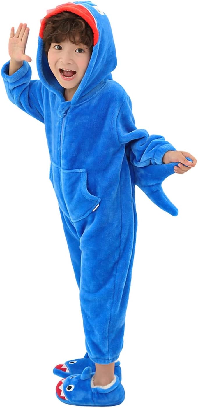 Kinder-Hai-Kostüm Flanell-Strampler mit Kapuze, 2-3 Jahre Blau