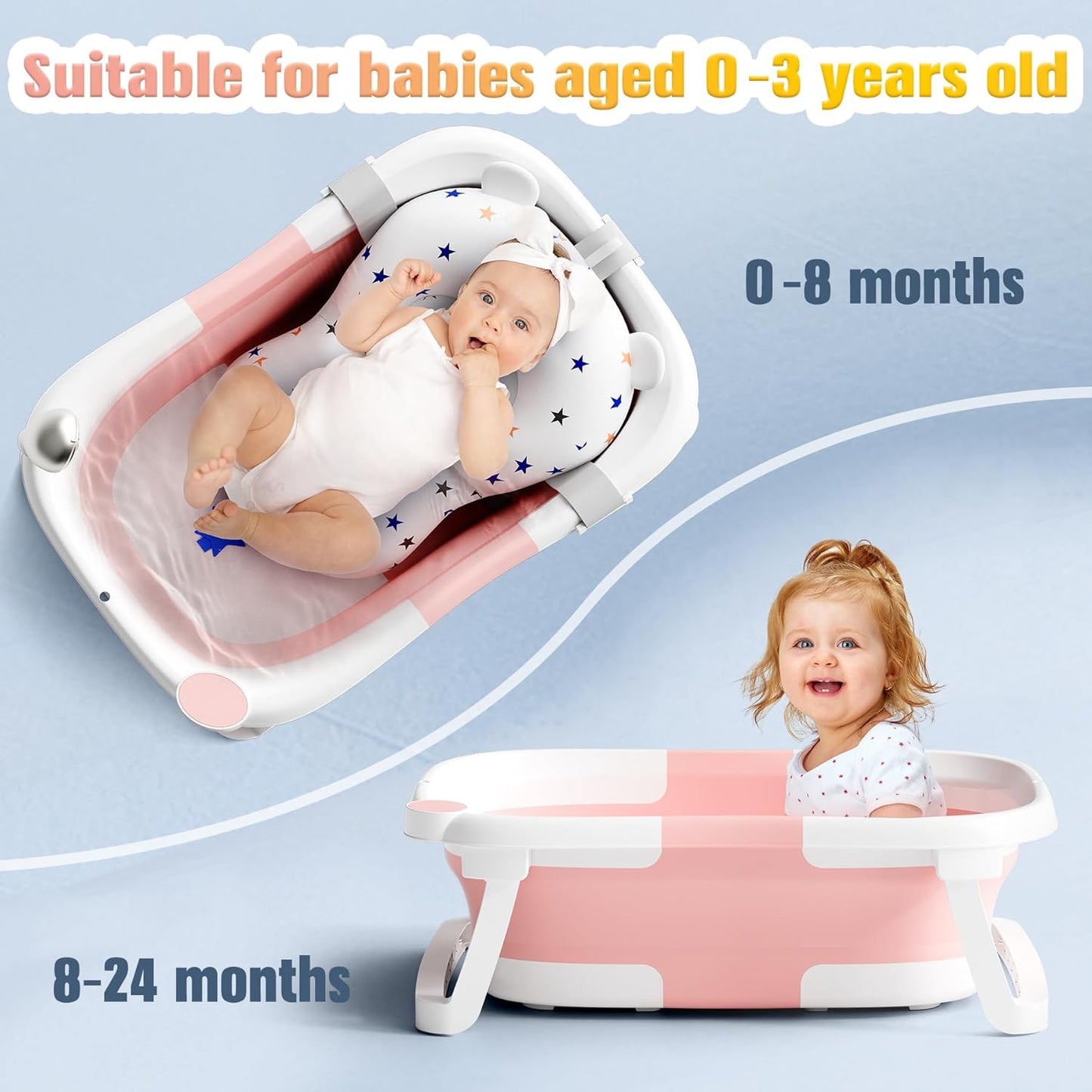 Faltbare Babybadewanne mit Rutschmatte und Abflussloch, Rosa