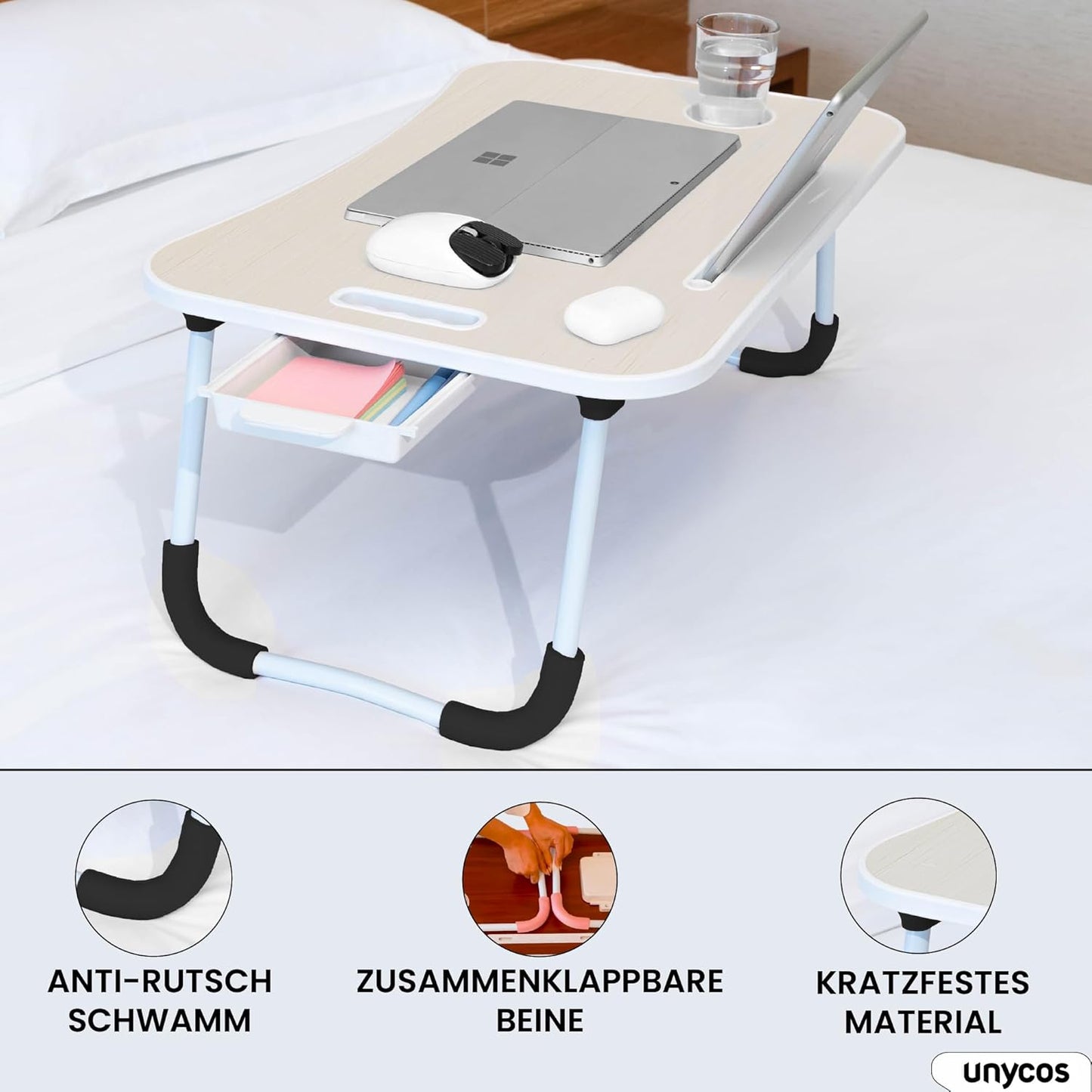 Klappbares Lapdesk mit Getränkehalter und Schublade, Mit schublade Knochenweiß mit Schublade