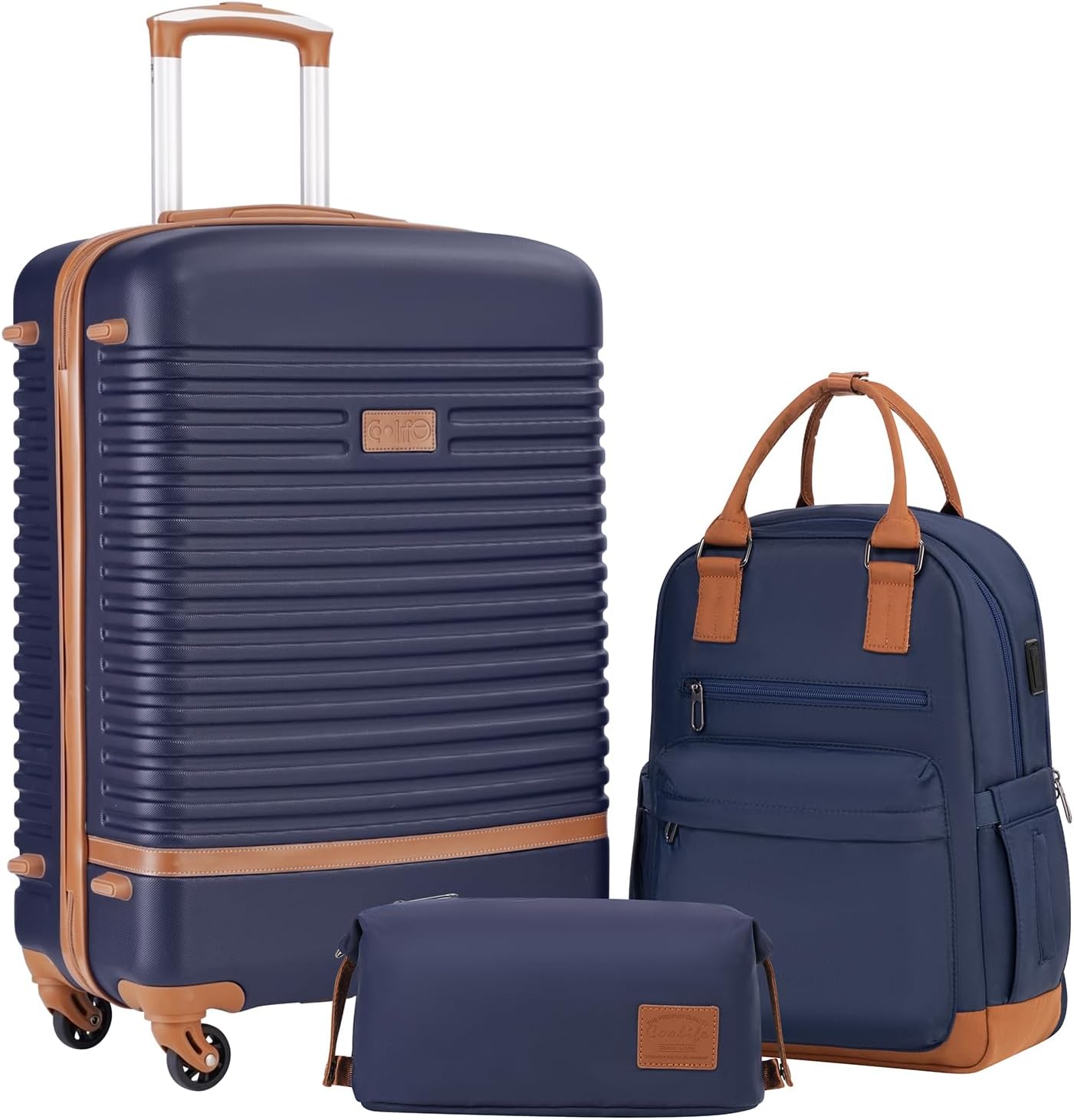 3-teiliges Hartschalen-Trolley-Set mit Reiserucksack, Mittlerer Koffer-Set 3tlg Blau/Braun