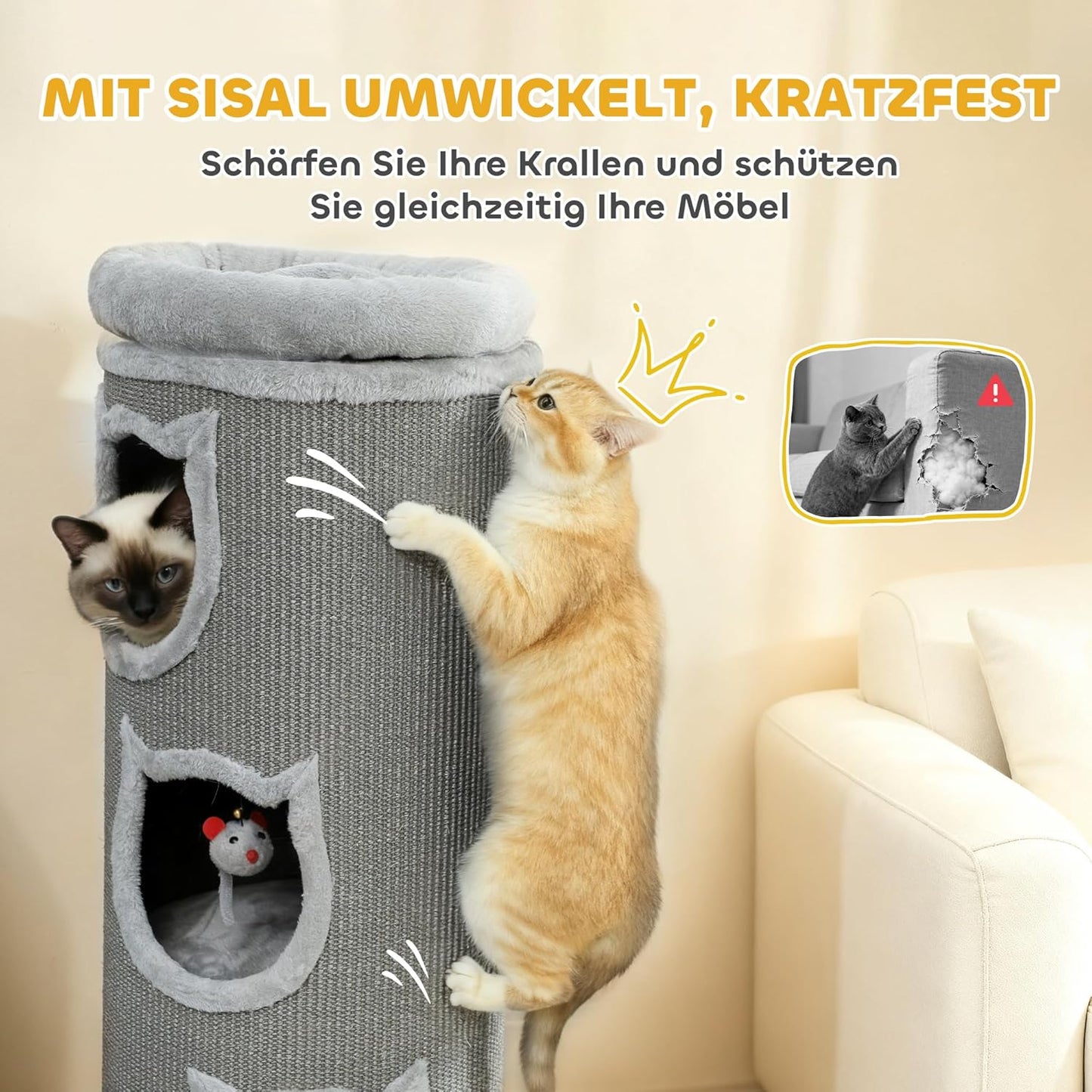 Kratztonne mit Plüschbett und Höhlen, Grau