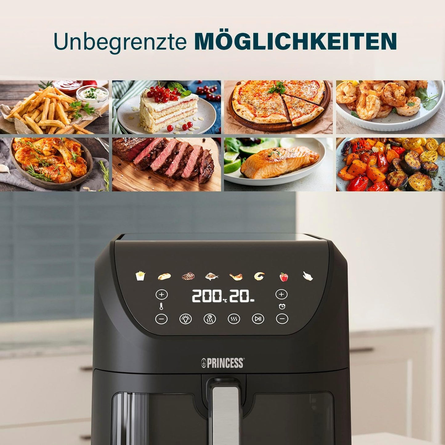 SlimFry Airfryer mit 8 Programmen, Bunte Symbole 8 l