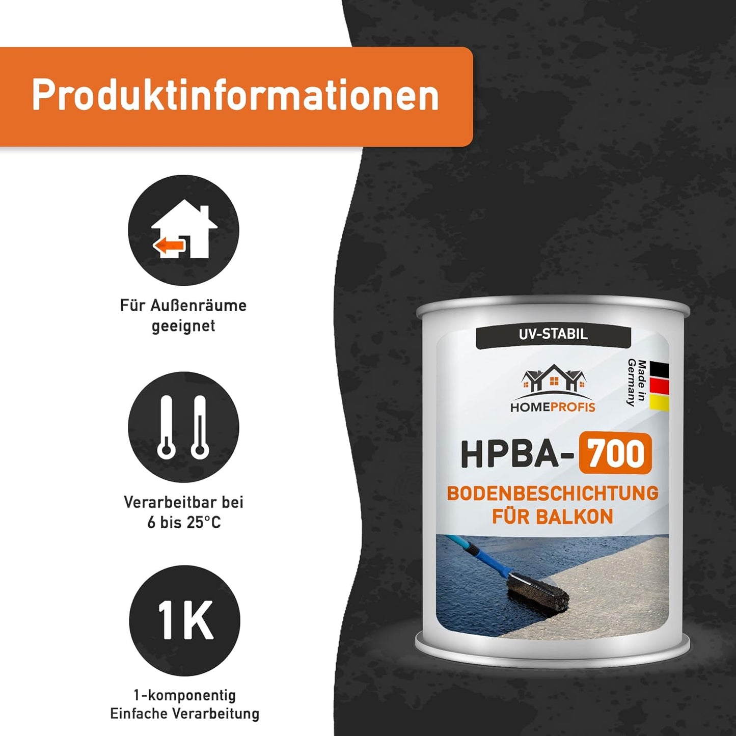 HPBA-700 1K Bodenfarbe für Balkon & Terrasse (2,5 kg), 2,5 kg | bis zu 12,5m² (Seidenmatt) RAL 7032 (Kieselgrau)