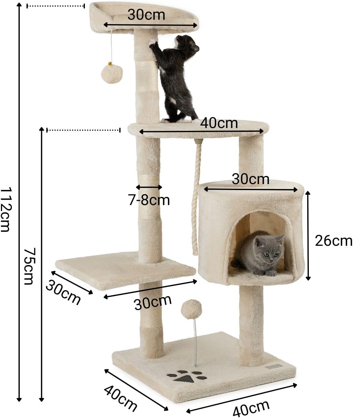 Katzenbaum mit Plüschbällen und Spielseil, Beige