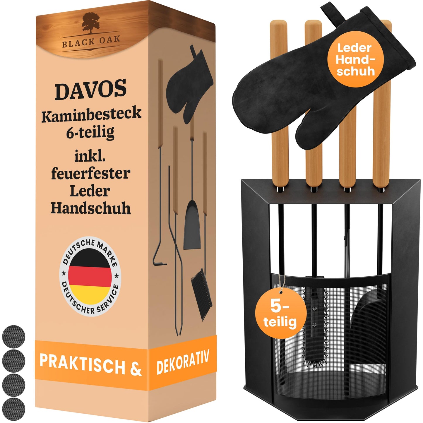 Kaminbesteck-Set Davos mit Lederhandschuh 5-teilig, Kaminbesteck + Handschuh
