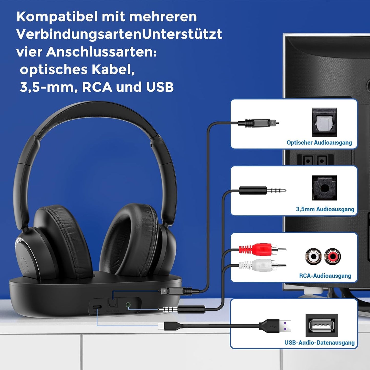 Kabellose TV-Kopfhörer M98A inkl. Ladestation, Schwarz