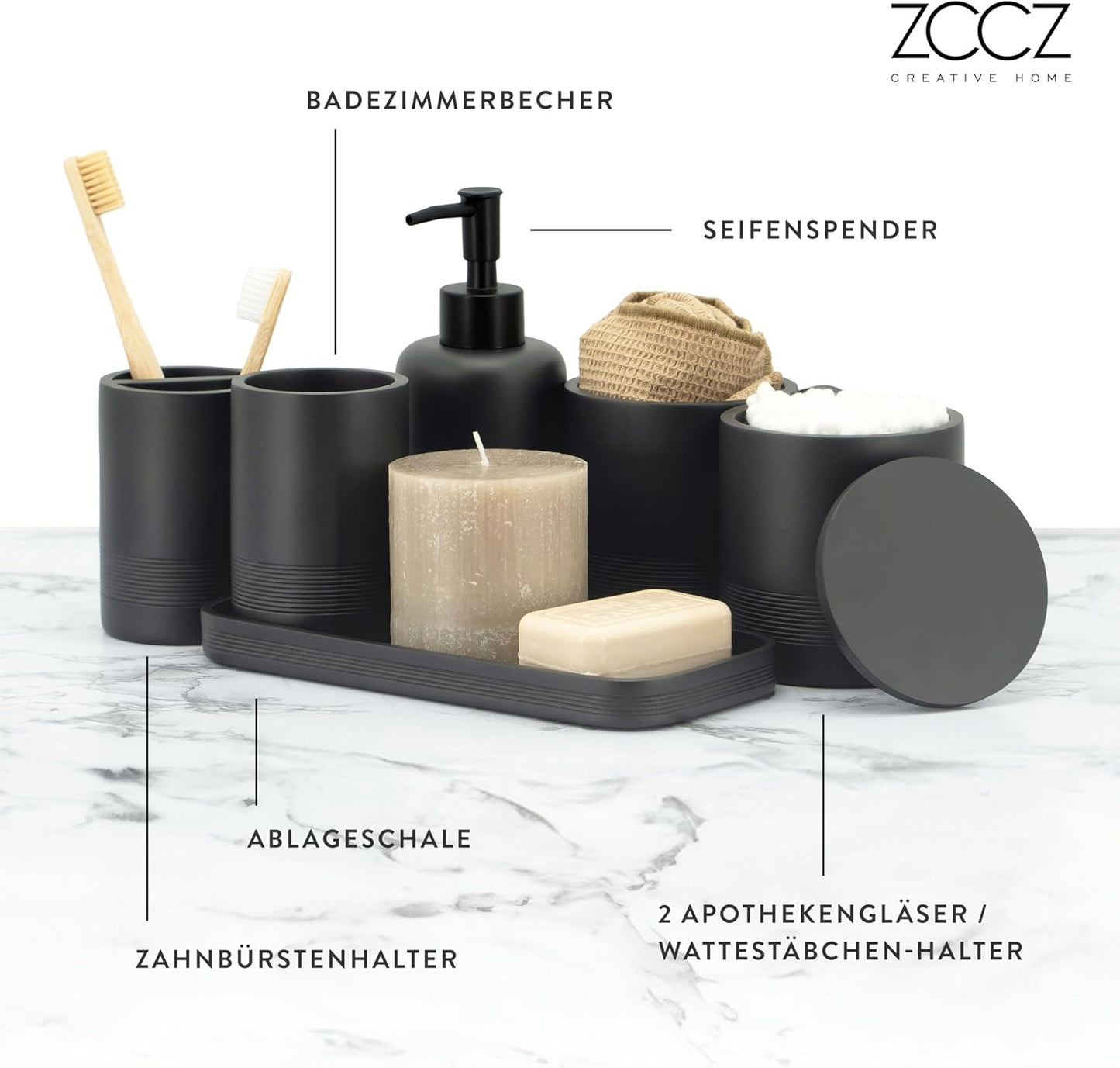 6-teiliges Badezimmer-Organizer-Set, Schwarz-matt