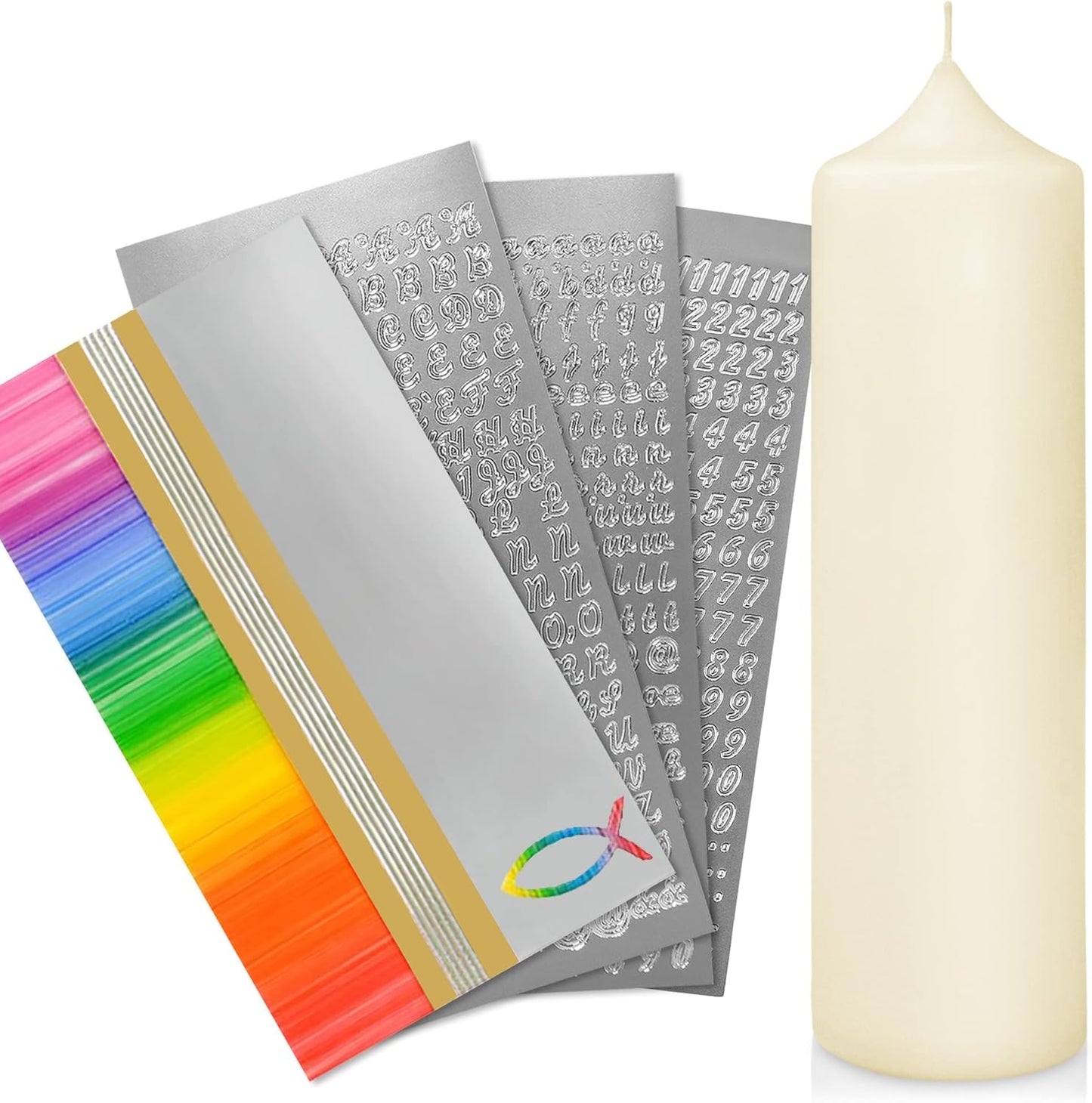Taufkerze Bastelset mit Buchstaben und Wachsmotiven, Regenbogen Gold | Silber mit Fisch Kerze 25x7 cm | Creme