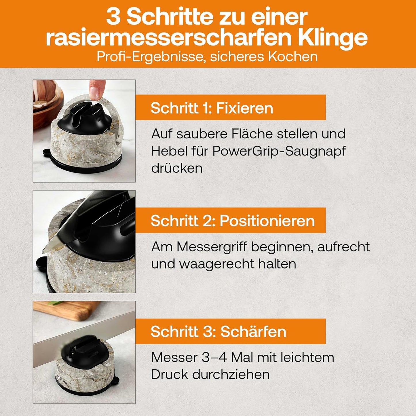 Evo Messerschärfer mit PowerGrip Saugnapf, Evo Stein