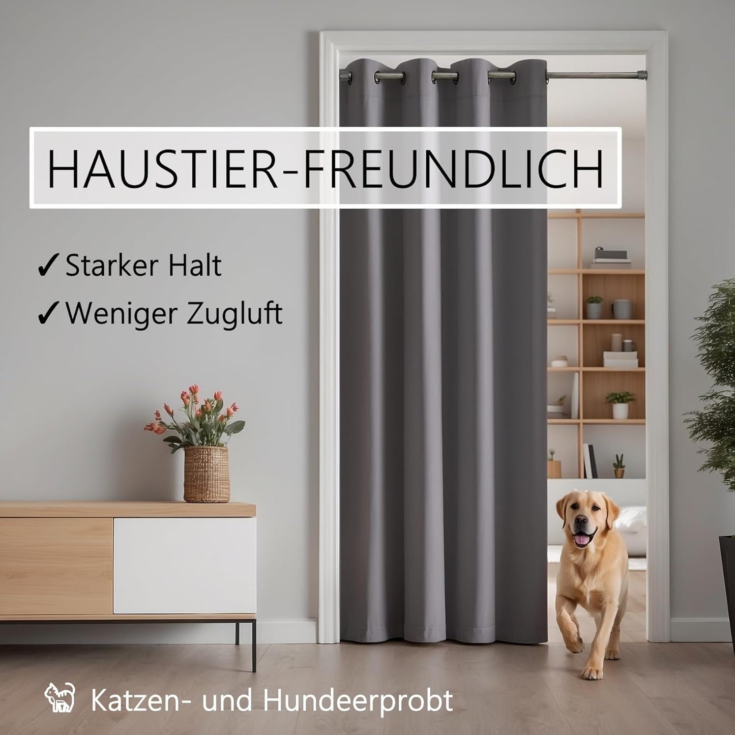 Türvorhang mit Teleskopstange, H210 x B150 cm (1er Pack) / Türvorhang Grau + Stange Silber 55-90 Cm