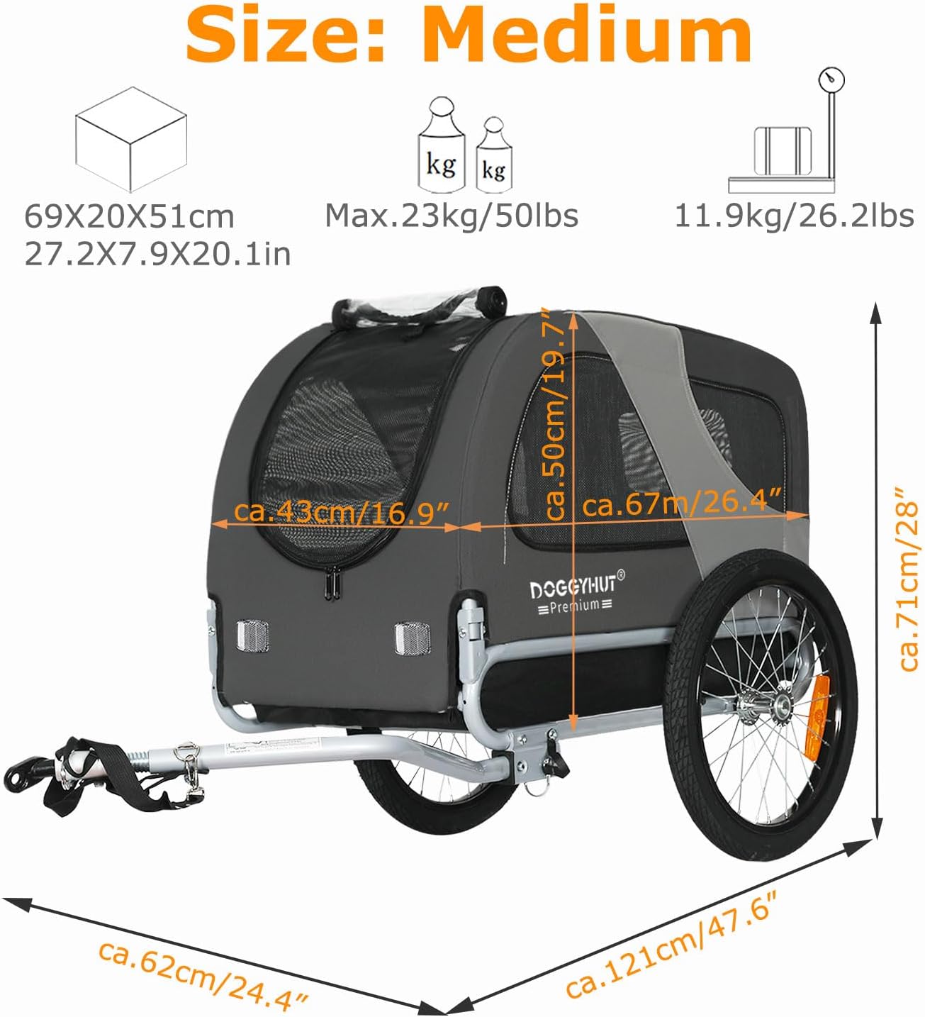 Fahrrad Hundeanhänger bis 23 kg, GRAU