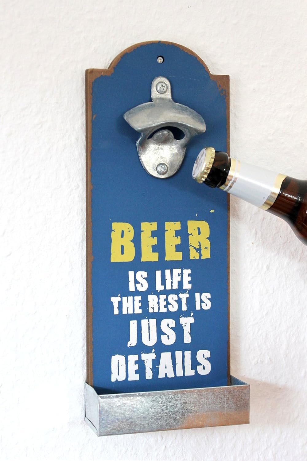 Wandflaschenöffner mit Kronkorkenbehälter, Blau Beer Is Life